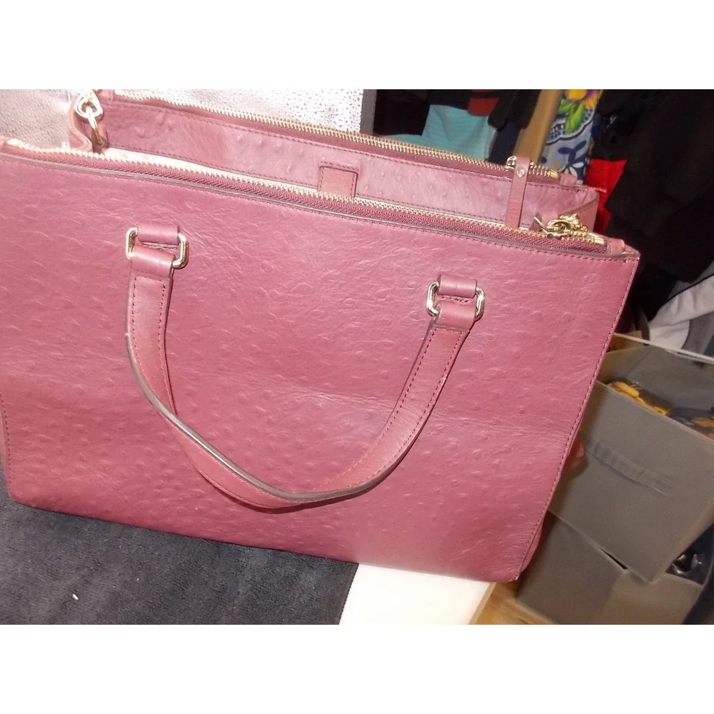 Kate Spade Ostrich Embossed Leather Satchel Burgundy Triple Zip Handbag
